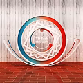 Modern Circular Geometric Design Structure Red Blue White Wooden Wall Red Brick Floor