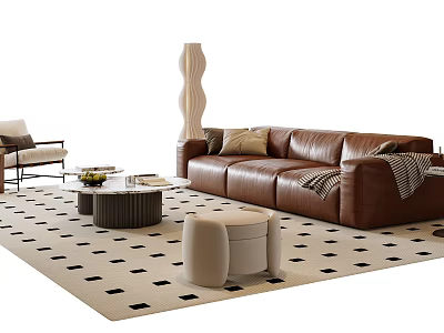 Modern Leather Sofa and Coffee Table Set With Area Rug and Decorative Pillows 3d model
