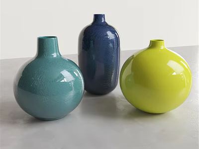Modern Decorative Ornament Set with Teal Navy Blue and Bright Yellow Round Cylindrical Spherical Vases 3d model