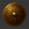 Golden Decorative Shield With Intricate Carvings Metal Rivets And Central Boss