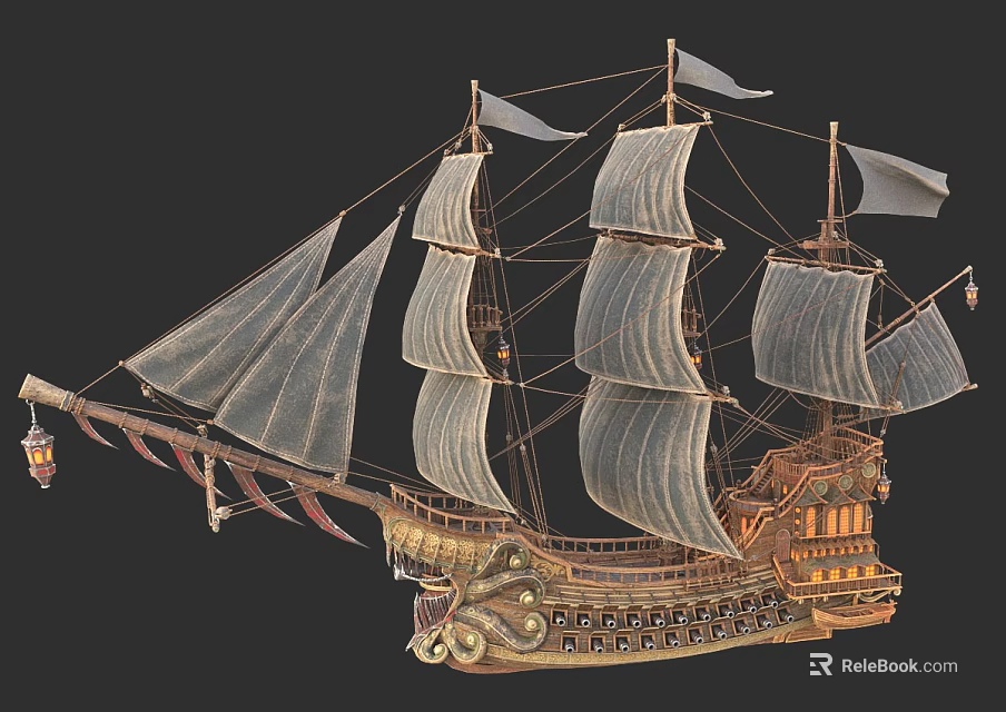 Detailed Vintage Wooden Sailing Ship Model With Multiple Canvas Sails And Carvings 3d model 