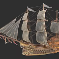 Detailed Vintage Wooden Sailing Ship Model With Multiple Canvas Sails And Carvings