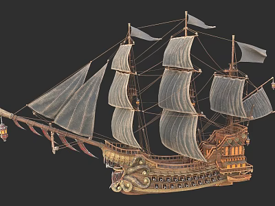 Detailed Vintage Wooden Sailing Ship Model With Multiple Canvas Sails And Carvings 3d model