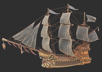 Sailing Pirate Ship PBR Material Next Generation Cargo Ship Ocean Ship Wooden Ship Ancient Merchant Ship Great Sailing Age Ancient Warship 3d model