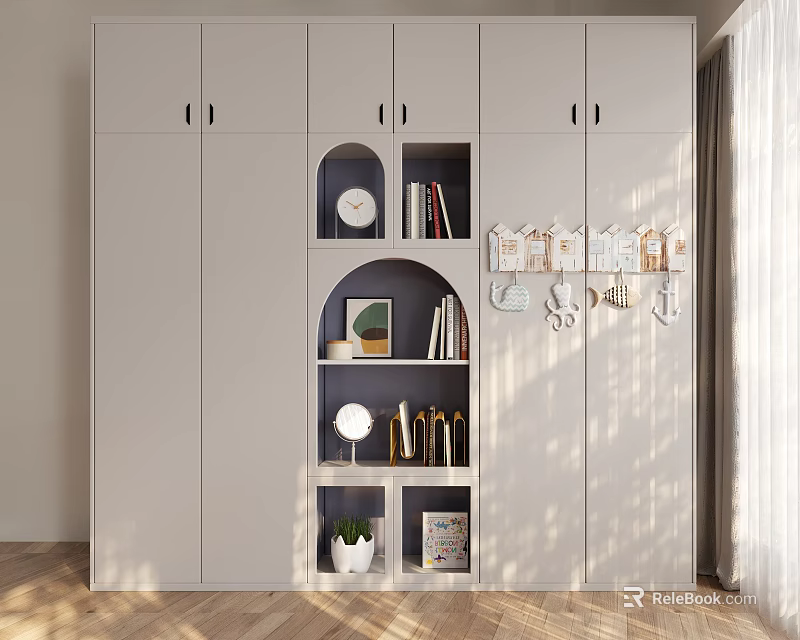 Modern Light Gray Wardrobe With Multiple Doors Open Shelves Books Decorative Items And Small Plant 3d model 