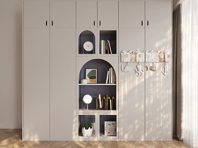 Modern Light Gray Wardrobe With Multiple Doors Open Shelves Books Decorative Items And Small Plant 3d model