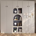 Modern Light Gray Wardrobe With Multiple Doors Open Shelves Books Decorative Items And Small Plant