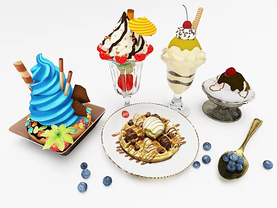 Colorful Ice Cream Sundaes Waffles With Chocolate Sauce And Fresh Blueberries 3d model