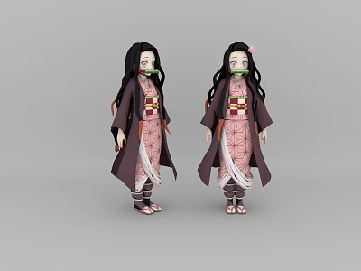 Two Game And Movie Characters Wearing Pink Kimono With Long Black Hair And Mouth Cover 3d model
