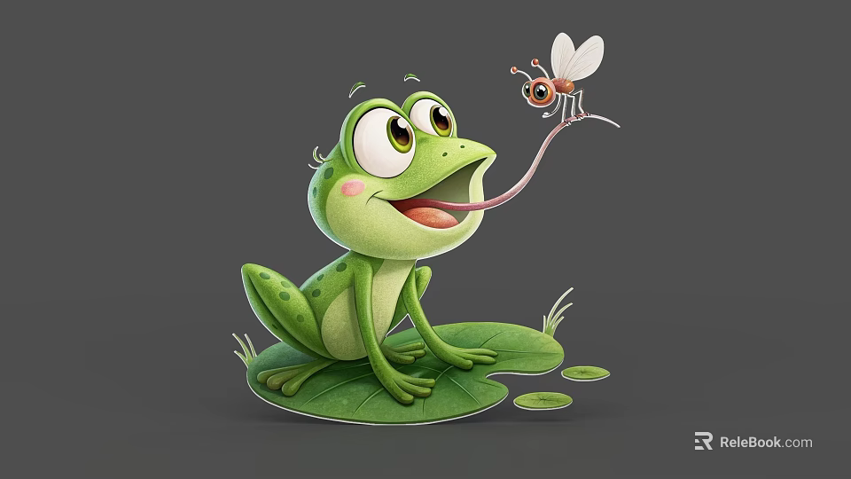 Cute Green Frog Sitting On Lotus Leaf Sticking Out Tongue Catching Mosquito 3d model 