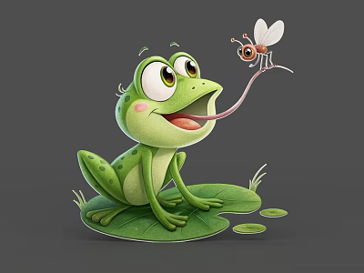 Cute Green Frog Sitting On Lotus Leaf Sticking Out Tongue Catching Mosquito 3d model