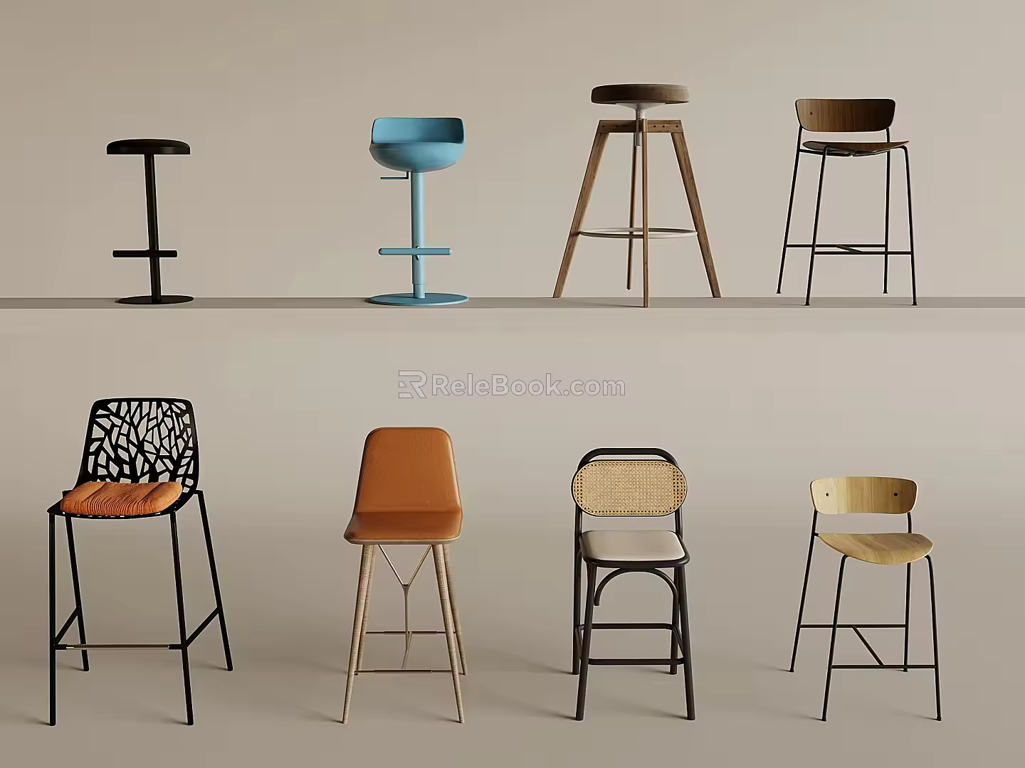 Modern Bar Chair Bar Stool Rattan Bar Chair Carved Backrest Bar Stool Armless Bar Chair High Stool 3d model