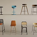 Modern Bar Chair Bar Stool Rattan Bar Chair Carved Backrest Bar Stool Armless Bar Chair High Stool 3d model