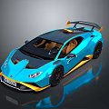 Blue Sports Car With Yellow Accents Black Roof Rear Spoiler And Brown Interior