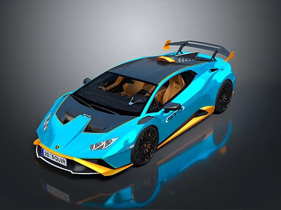 Blue Sports Car With Yellow Accents Black Roof Rear Spoiler And Brown Interior 3d model