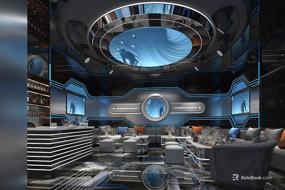Modern Tech KTV Interior Design With Circular Ceiling Blue Lighting Comfortable Sofa Seating And Bar 3d model