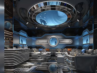 Modern Tech KTV Interior Design With Circular Ceiling Blue Lighting Comfortable Sofa Seating And Bar 3d model