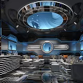 Modern Tech KTV Interior Design With Circular Ceiling Blue Lighting Comfortable Sofa Seating And Bar 3d model