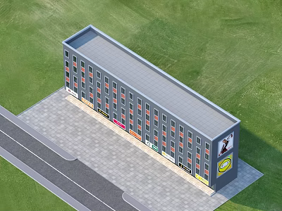 Multi Storey Residential Building With Ground Floor Shops Green Lawn And Adjacent Road 3d model