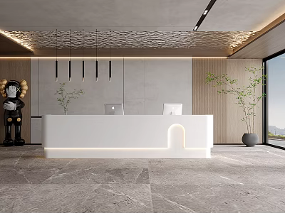 Modern Front Desk Reception With White Counter Gray Walls Hanging Lights Green Plants Marble Flooring 3d model