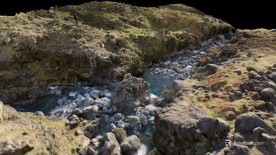 Natural Scenic View of Stream Flowing Through Rocky Valley with Green Grass and Clear Water 3d model 