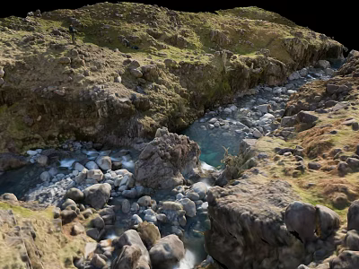 Natural Scenic View of Stream Flowing Through Rocky Valley with Green Grass and Clear Water 3d model