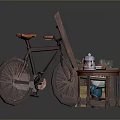 Rustic Rocking Chair Bicycle And Small Table With Tea Set Basket Gnome Potted Plant Birdhouse