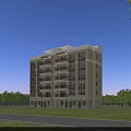 Modern Multi Story Residential Building With Balconies Green Trees Lawn And Blue Sky