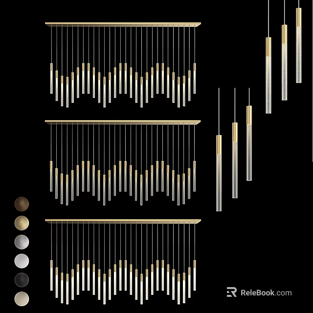 Modern Linear Chandeliers with Golden Metal Rods Different Lengths Hanging Decorative Lighting Design 3d model 