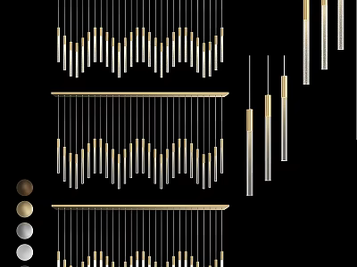Modern Linear Chandeliers with Golden Metal Rods Different Lengths Hanging Decorative Lighting Design 3d model