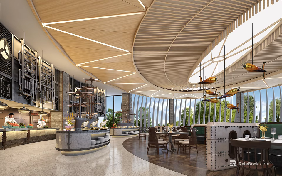 Modern Restaurant Interior With Wooden Ceiling Linear Lights Buffet Counter Dining Tables And Greenery View 3d model 