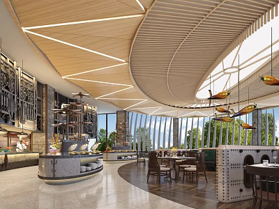 Modern Restaurant Interior With Wooden Ceiling Linear Lights Buffet Counter Dining Tables And Greenery View 3d model