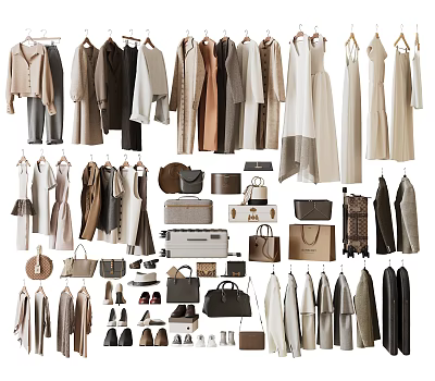 Fashionable Clothes Collection With Dresses Coats Tops Pants Bags Shoes And Accessories 3d model
