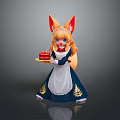 Anime Game Character With Fox Ears Blonde Hair In Blue Maid Dress Holding Red Cake