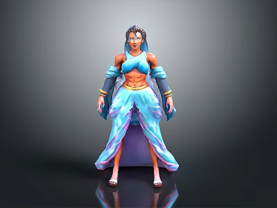 Woman 3D Model With Blue Flowing Dress Midriff Baring Top And Decorative Arm Bands 3d model