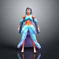 Woman 3D Model With Blue Flowing Dress Midriff Baring Top And Decorative Arm Bands