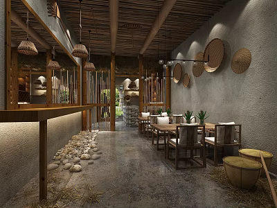 Rustic Style Beauty Hair Salon With Wooden Decor Stone Walls And Hanging Lamps 3d model