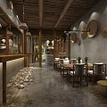 Rustic Style Beauty Hair Salon With Wooden Decor Stone Walls And Hanging Lamps