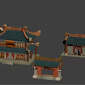 Cartoon Scene Featuring Traditional Chinese Architecture with Green Roofs and Red Decorations Multiple Miniature Buildings