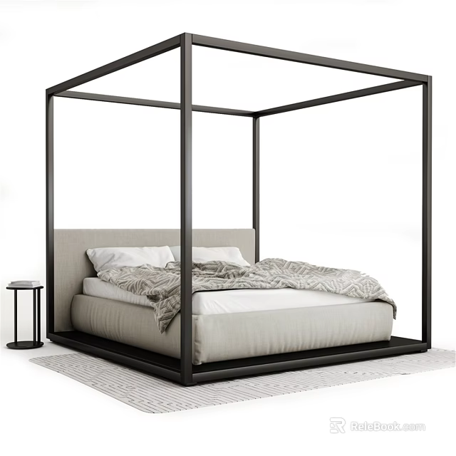 Double Bed with Black Four-Poster Frame Light Headboard White Pillows Patterned Blanket on Light Carpet 3d model 