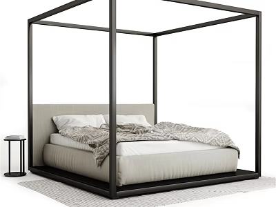 Double Bed with Black Four-Poster Frame Light Headboard White Pillows Patterned Blanket on Light Carpet 3d model