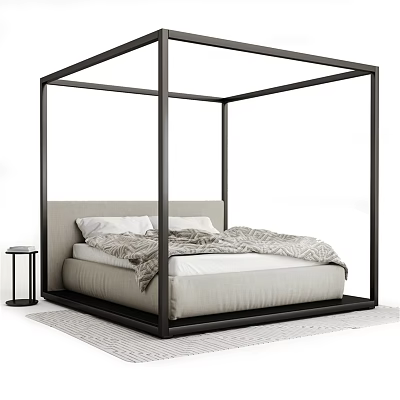 Double Bed with Black Four-Poster Frame Light Headboard White Pillows Patterned Blanket on Light Carpet 3d model