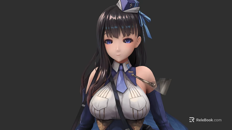 Game And Movie Character With Long Black Hair Blue Eyes Hat And Blue White Outfit 3d model 