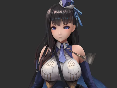 Game And Movie Character With Long Black Hair Blue Eyes Hat And Blue White Outfit 3d model