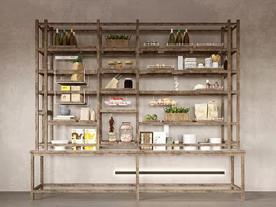 Wooden Display Shelf Featuring Multi Tiered Design With Bottles Jars Boxes Plants And Decorative Items 3d model