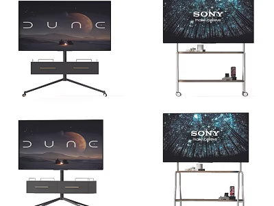 Sony Smart TV Displaying Dune Movie On Modern Rolling Stand With Shelves 3d model