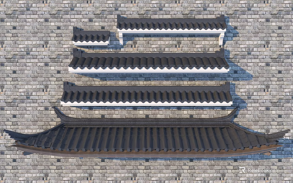 Traditional Chinese Architectural Roof Components With Various Styles On Brick Wall Background 3d model 