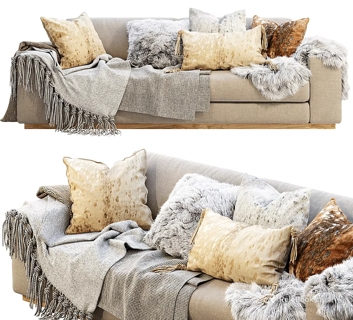 Casual Sofa Set With Fluffy Pillows And Tassel Blanket For Cozy Living Room 3d model 