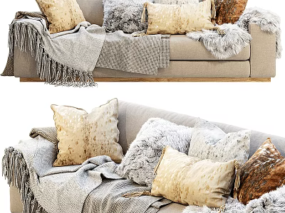 Casual Sofa Set With Fluffy Pillows And Tassel Blanket For Cozy Living Room 3d model