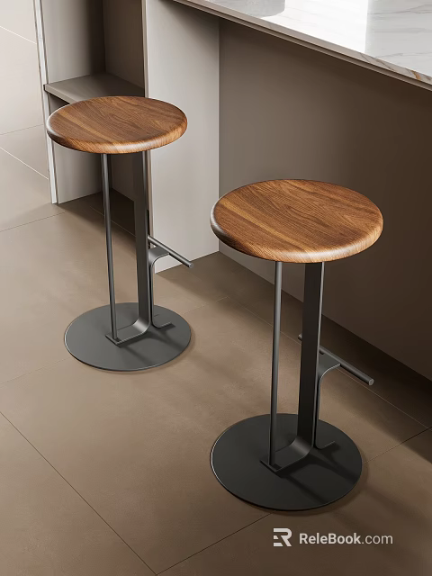 Modern Round Bar Stools With Walnut Wooden Seat And Metal Frame Design 3d model 